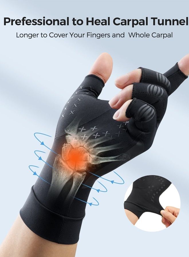 FREETOO Copper Arthritis Gloves for Carpal Tunnel Pain Relief, Strengthen Compression Gloves to Alleviate Hand Pains,Swelling, Fingerless Computer Typing Gloves for Rheumatoid, Tendonitis Women/Men-L  - Image 3