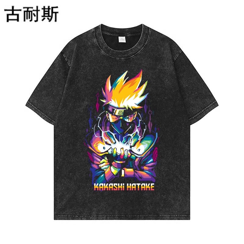 Washed Old Short-sleeved T-shirt Men's and Women's Summer Fashion Brand American Style Retro Couple's T-shirt Top for - Image 1