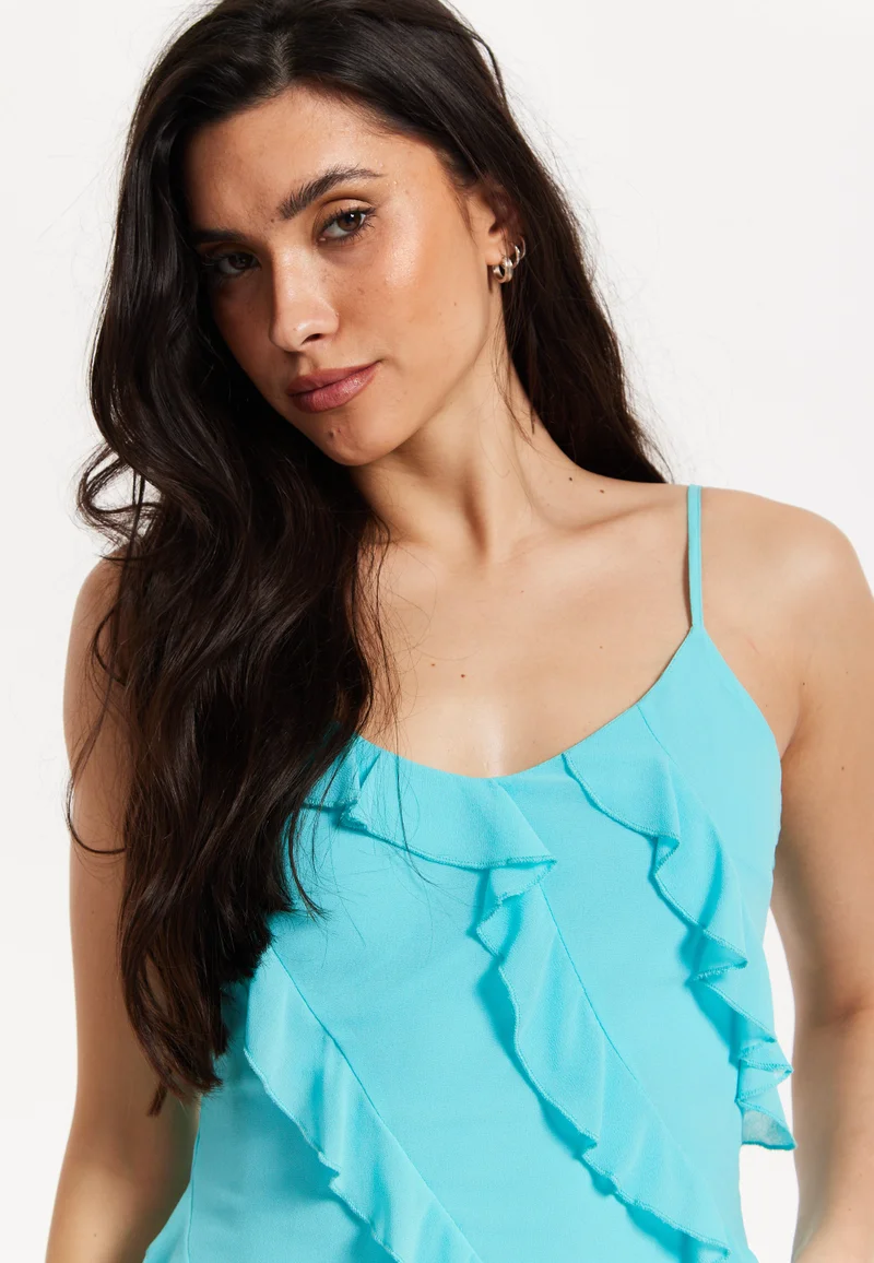 Liquorish Turquoise Striped Ruffled Mini Dress