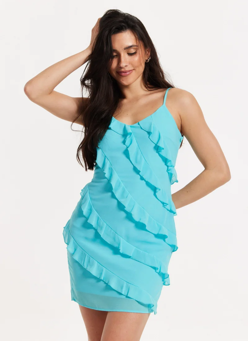 Liquorish Turquoise Striped Ruffled Mini Dress