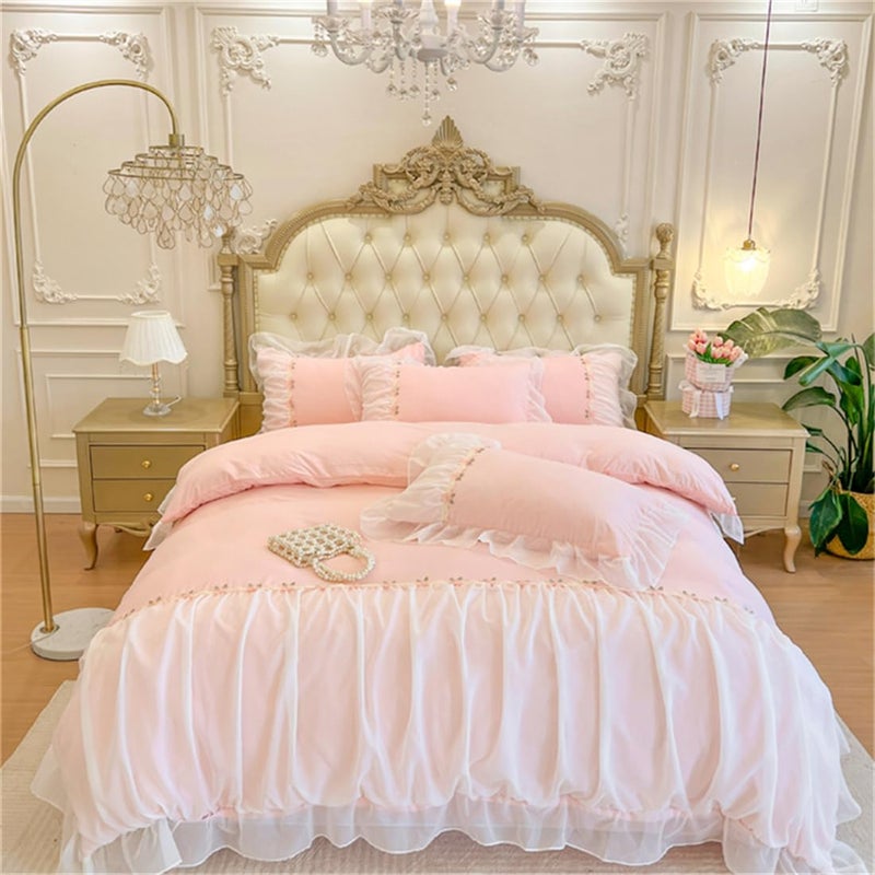 MOOWOO Pink BeddingRomantic Ruffle Lace Bedding Set 2 Piece Comforter Twin Duvet Cover with Zipper ClosureCoquette Room DecorPinkTwin Size