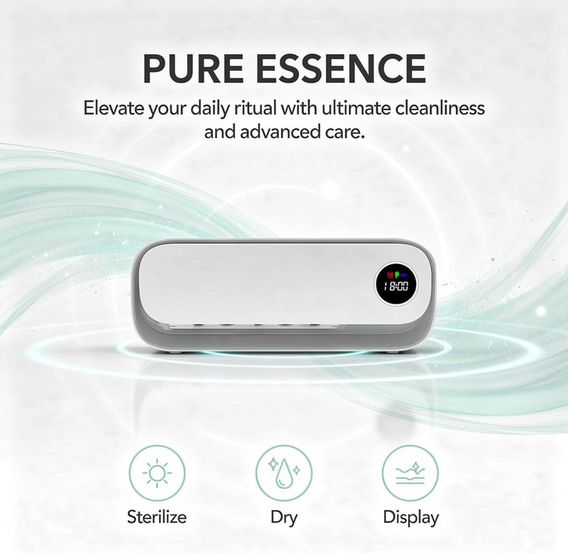 Cordless Plus Toothbrush Cleaner, Wall-Mounted Holder for 3-4 Brushes, Timer, Clock Display, 120S Purification & Drying, Rechargeable - Image 2