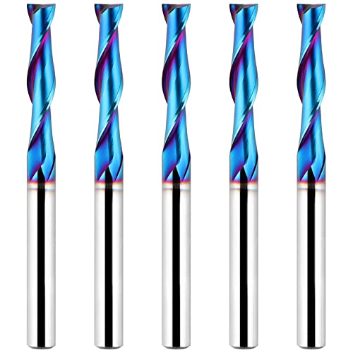 EANOSIC 5PCS Upcut Spiral Router Bit 1/4 inch Shank, 1/4 inch Cutting Diameter, Extra Long 3 inch Solid Carbide with Nano Blue Coating CNC Router Bits End Mill for Wood Cut, Carving - Image 1