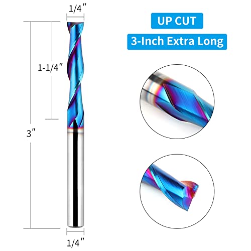 EANOSIC 5PCS Upcut Spiral Router Bit 1/4 inch Shank, 1/4 inch Cutting Diameter, Extra Long 3 inch Solid Carbide with Nano Blue Coating CNC Router Bits End Mill for Wood Cut, Carving - Image 2