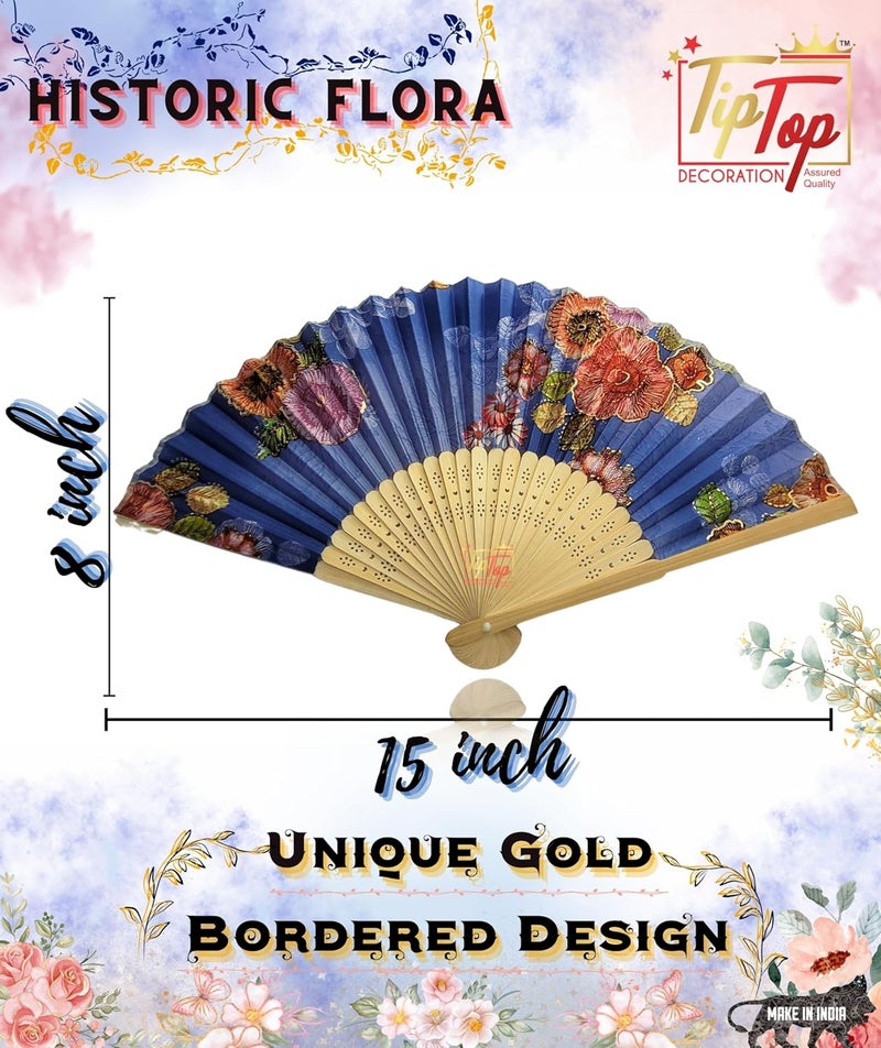 TIPTOP DECORATION Tiptop Decoration Premium Gold Printed Floral Wooden Hand Held Fan 15 Inch Pack Of 1 Piece Historic flora  - Image 2
