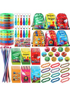 140 Pcs Train Birthday Party Favors Vehicle Train Stickers Diy Stickers Drawstring Bags Mini Notepads Silicone Wristbands Bracelets Keychain Button Pins Flexible Soft Pencil
