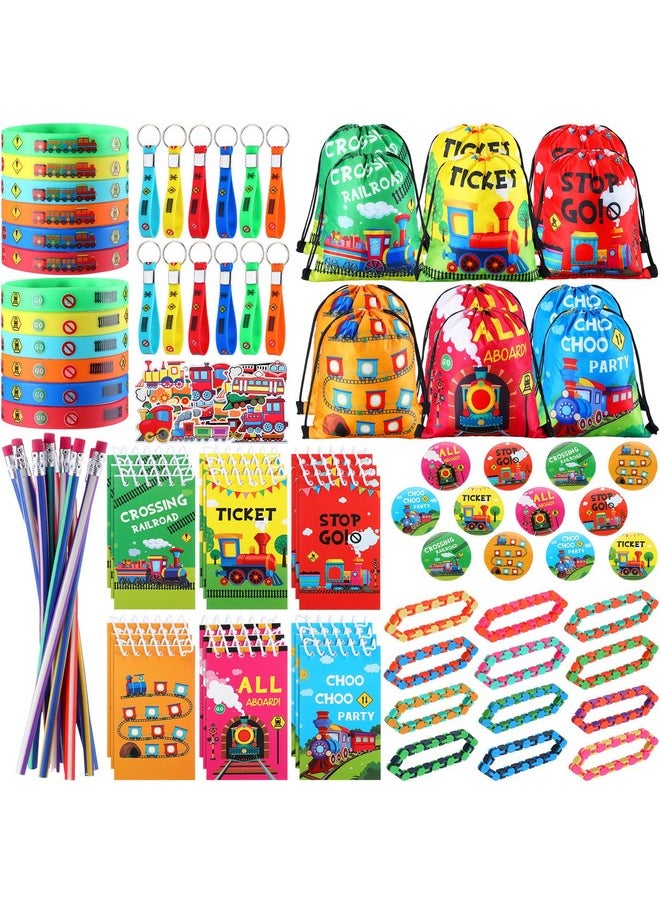 Jexine - 140 Pcs Train Birthday Party Favors Vehicle Train Stickers Diy Stickers Drawstring Bags Mini Notepads Silicone Wristbands Bracelets Keychain Button Pins Flexible Soft Pencil - Image 1