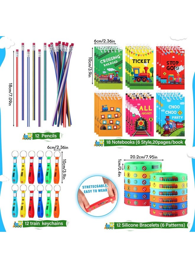Jexine - 140 Pcs Train Birthday Party Favors Vehicle Train Stickers Diy Stickers Drawstring Bags Mini Notepads Silicone Wristbands Bracelets Keychain Button Pins Flexible Soft Pencil - Image 1