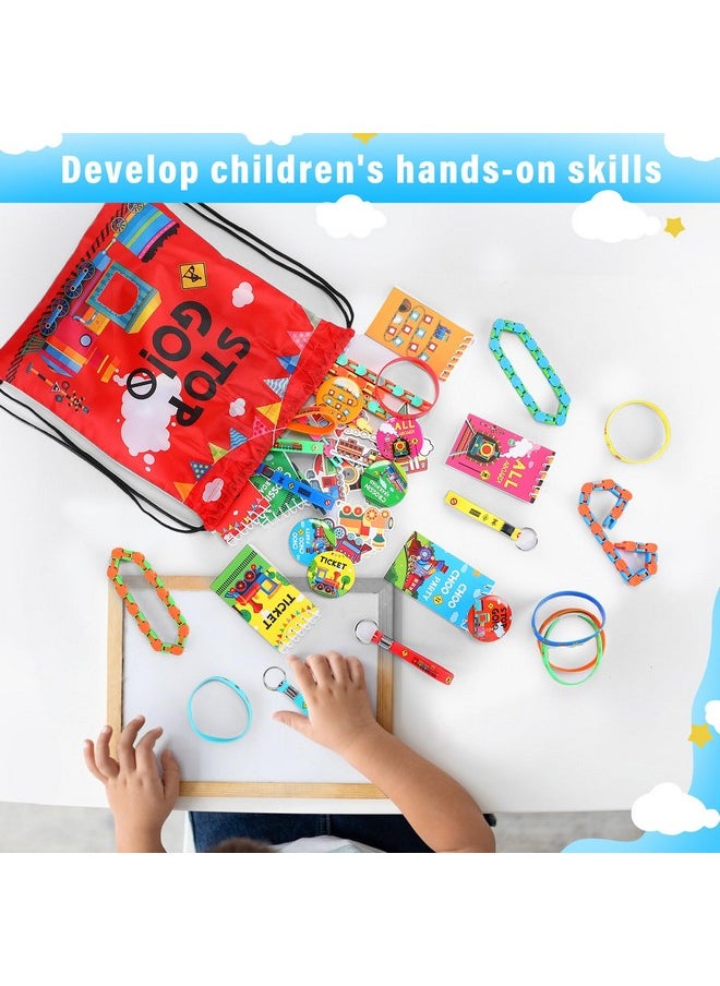 Jexine - 140 Pcs Train Birthday Party Favors Vehicle Train Stickers Diy Stickers Drawstring Bags Mini Notepads Silicone Wristbands Bracelets Keychain Button Pins Flexible Soft Pencil - Image 1