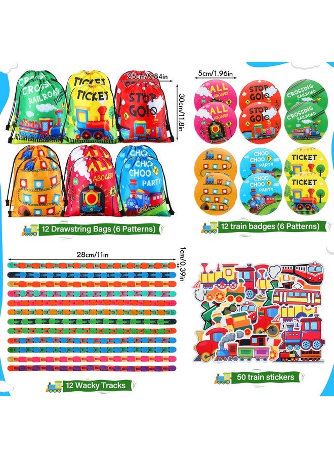 Jexine - 140 Pcs Train Birthday Party Favors Vehicle Train Stickers Diy Stickers Drawstring Bags Mini Notepads Silicone Wristbands Bracelets Keychain Button Pins Flexible Soft Pencil - Image 1