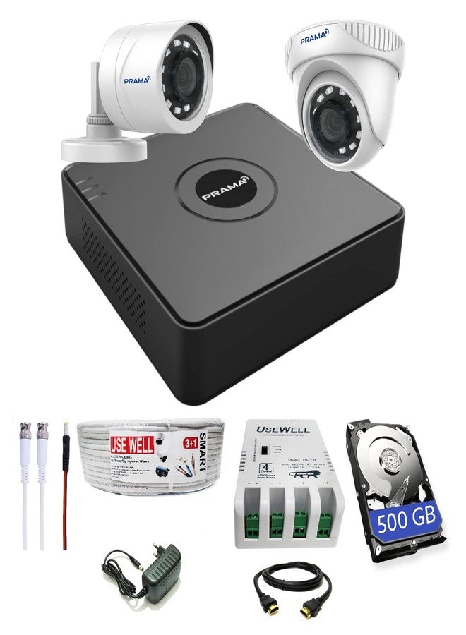 PRAMA 2MP Full HD CCTV kit with 4 Channel DVR + 1 Outdoor & 1 Indoor Cameras + 500 GB HDD + USEWELL Wire/SMPS, and Required Accessories, Motion Detection Black - Image 1