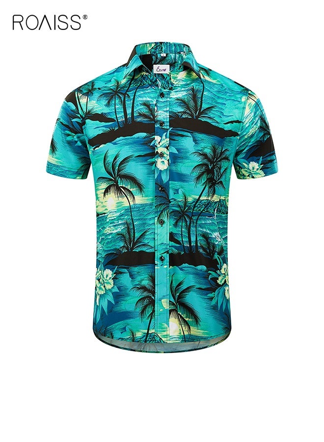رويس قميص هاواي كاجوال للرجال مطبوع عليه أزرار وأكمام قصيرة وقميص رجالي صيفي للشاطئ فضفاض بياقة دائرية وقميص بولو من القماش المطاطي القابل للتنفس باللون الأخضر - Image 1