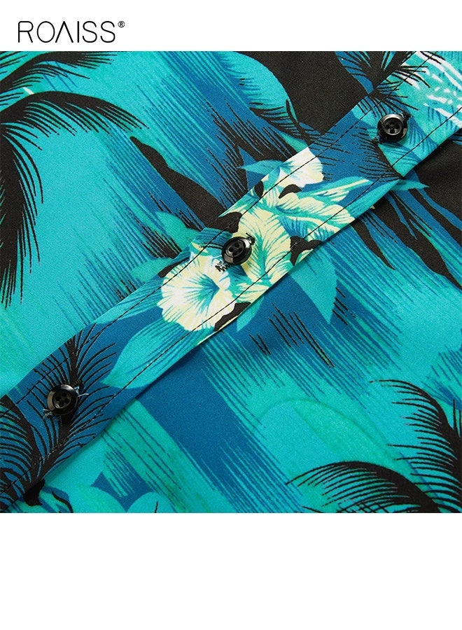 رويس قميص هاواي كاجوال للرجال مطبوع عليه أزرار وأكمام قصيرة وقميص رجالي صيفي للشاطئ فضفاض بياقة دائرية وقميص بولو من القماش المطاطي القابل للتنفس باللون الأخضر - Image 4