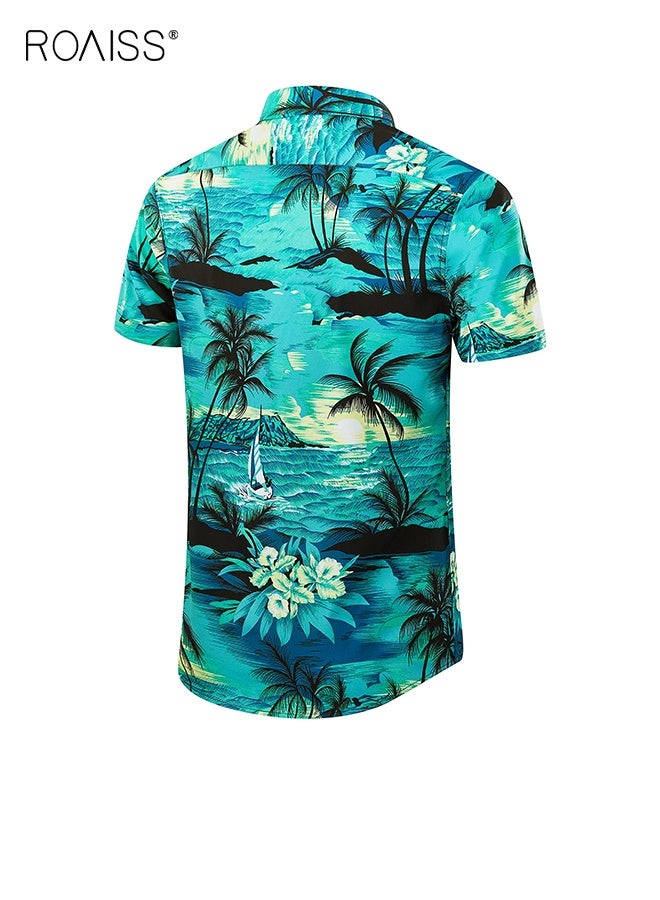 رويس قميص هاواي كاجوال للرجال مطبوع عليه أزرار وأكمام قصيرة وقميص رجالي صيفي للشاطئ فضفاض بياقة دائرية وقميص بولو من القماش المطاطي القابل للتنفس باللون الأخضر - Image 2