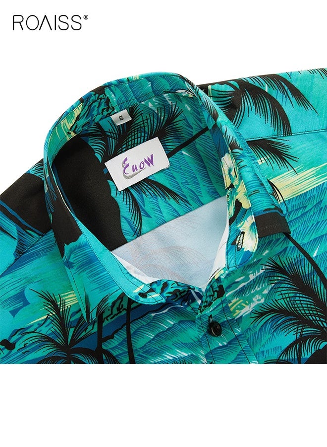 رويس قميص هاواي كاجوال للرجال مطبوع عليه أزرار وأكمام قصيرة وقميص رجالي صيفي للشاطئ فضفاض بياقة دائرية وقميص بولو من القماش المطاطي القابل للتنفس باللون الأخضر - Image 3