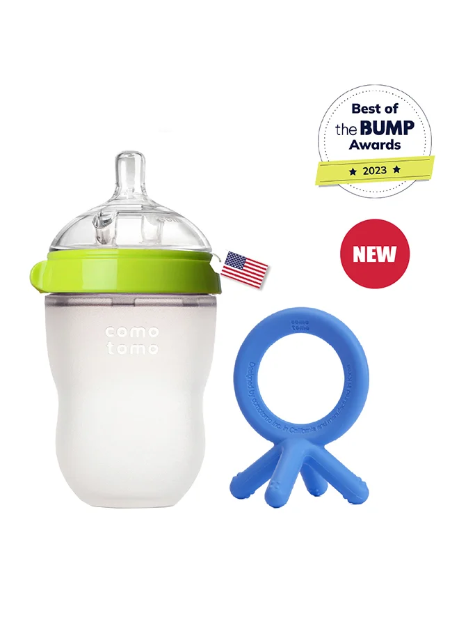 comotomo Natural Feel Baby Bottle 250 ML With Silicone Baby Teether, 3 Months +