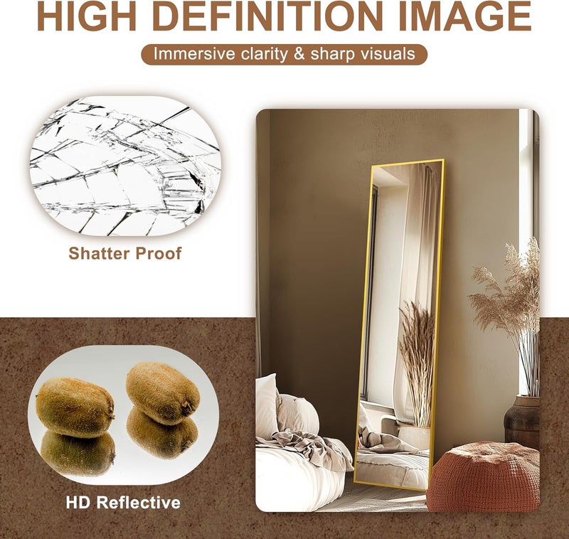 Delma Full Length Mirror,Large Floor Mirror with Aluminum Frame for Bedroom, Bathroom, Living Room,Wall Mount or Freestanding Design(with Stand,Rect 56x15-Gold) - Image 5