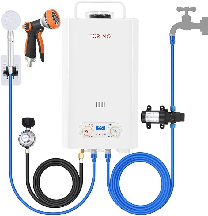 Tankless Water Heater Propane318GPM 12L Outdoor Portable water heaterwith 2 GPM Water Pump with Digital Display MultiProtection for Camping Trips