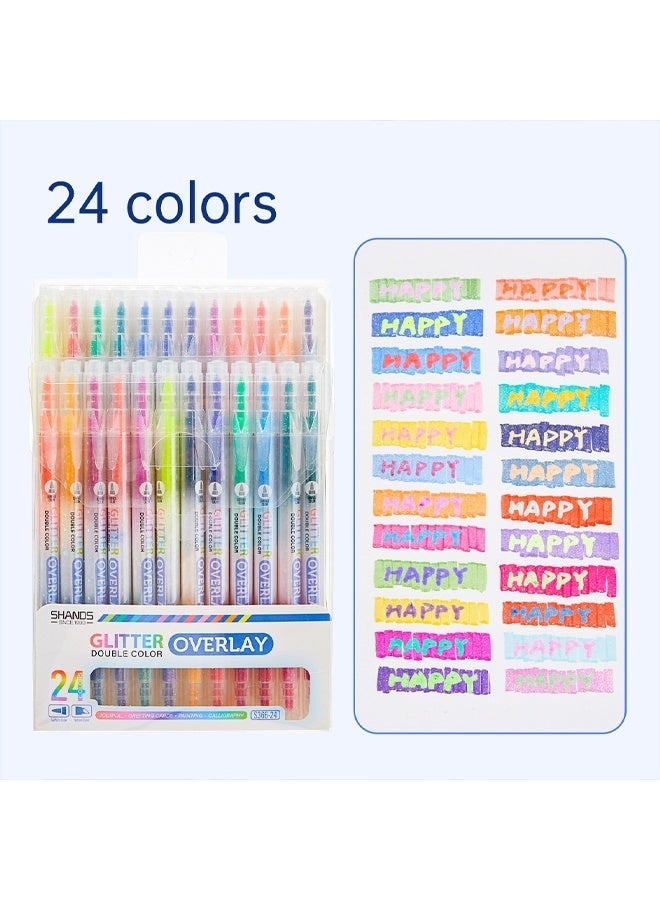 SHANDS 24pcs/set Magic Color-Changing Fluorescent Pen Set, Double-Tip Chisel Tip 24 Soft Colors Fluorescent Markers, Rainbow Pen Diary Cartoon DIY Note Painting, Art Supplies - Image 1