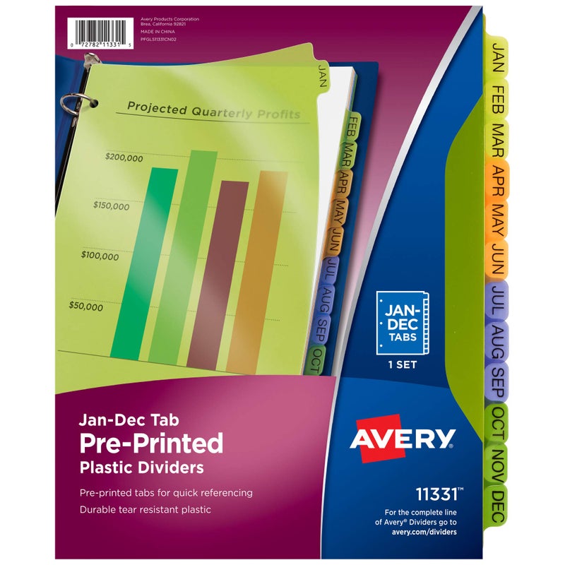 Avery Pre-Printed Jan-Dec Plastic Dividers for 3 Ring Binders, 12-Tab Set, Multicolor, 1 Set (11331) - Image 1