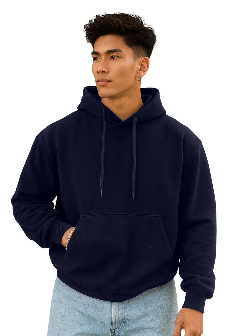 Jump Cuts Mens Solid Hooded Neck Full Sleeve Navy LoopKnit Sweatshirt - Image 1