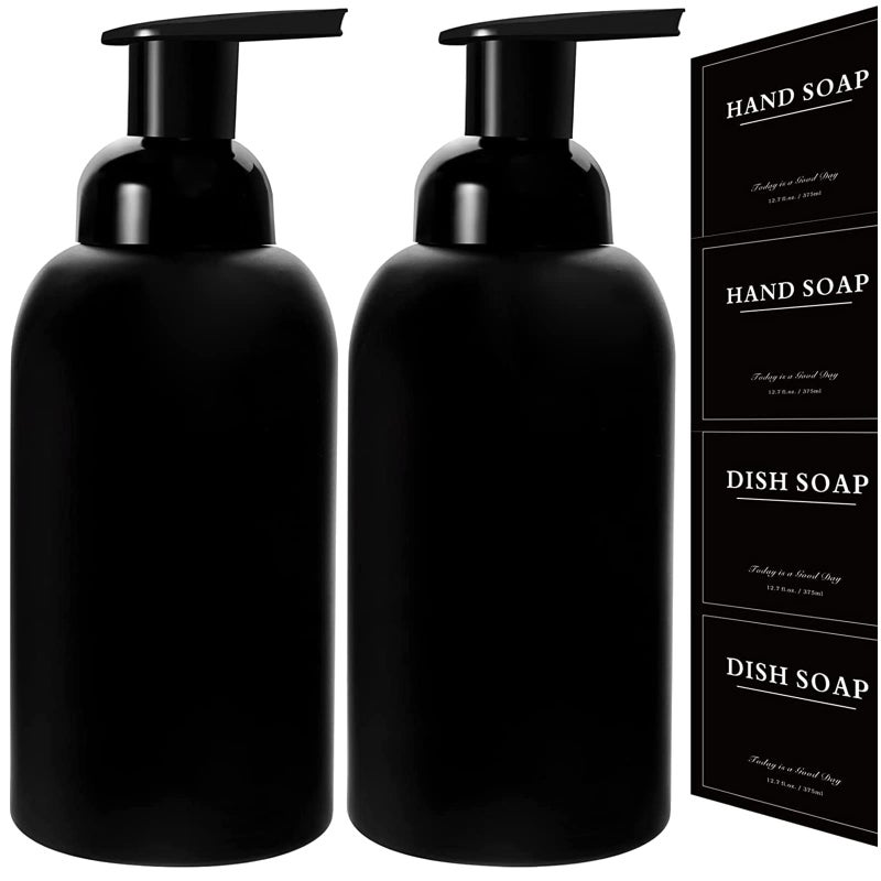 rejomiik 2 Pack Foaming Thick Glass Foam Hand Soap Dispenser for Bathroom or Kitchen Sink 13 oz Pump Bottles for Hand soap Body Wash Matte Black