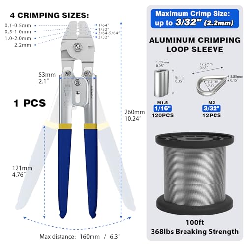 Sanuke Wire Rope Crimping Swaging Tool Cable Crimps up to 2.2mm(2/32inch) with 160pcs 4sizes Aluminum Double Barrel Ferrule Loop Sleeve and 10pcs Stainless Steel Thimble Assortment Kit - Image 2