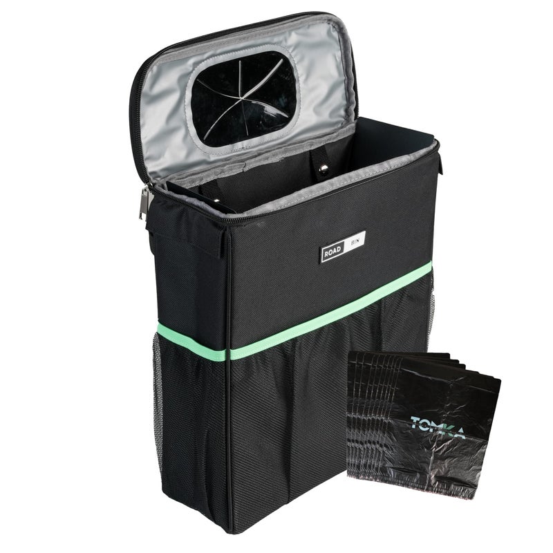 TomKa Essentials RoadBinâ„¢ Slim Leak & Odor Proof Car Trash Can. Fits & Stays Upright. Large-Capacity 2.5 Gallon Bin, 4" Design â€“ Portable, Foldable Garbage Can for Car, Truck, SUV, Van & Outdoors - Image 1