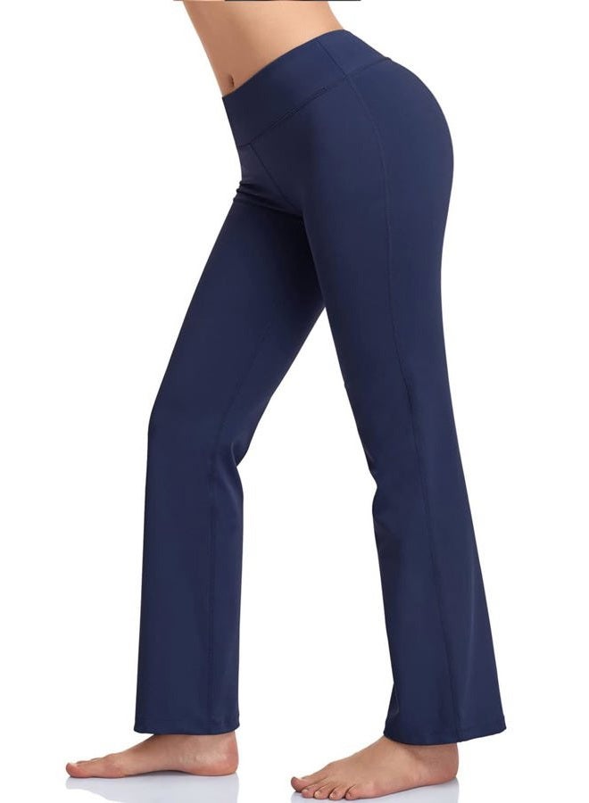 HISKYWIN Inner Pocket Yoga Pants 4 Way Stretch Tummy Control Workout Running Pants, Long Bootleg Flare Pants HF2-Navy Blue-XXL - Image 1