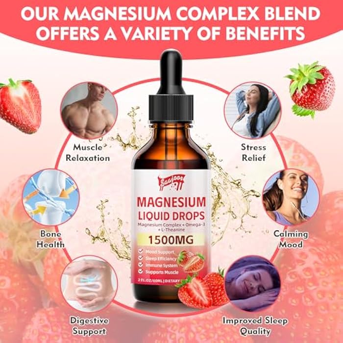 Saajoor Magnesium Glycinate Liquid Drops, 1500mg Magnesium Liquid Supplement with Vitamin B6, D3, L - Theanine, Omega3,Support Night, Muscle, Bone, Mood, Strawberry Flavor - 2 Fl Oz (60ml) Bottle - Image 4