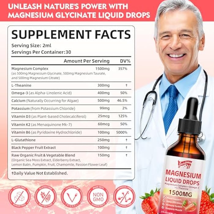 Saajoor Magnesium Glycinate Liquid Drops, 1500mg Magnesium Liquid Supplement with Vitamin B6, D3, L - Theanine, Omega3,Support Night, Muscle, Bone, Mood, Strawberry Flavor - 2 Fl Oz (60ml) Bottle - Image 2