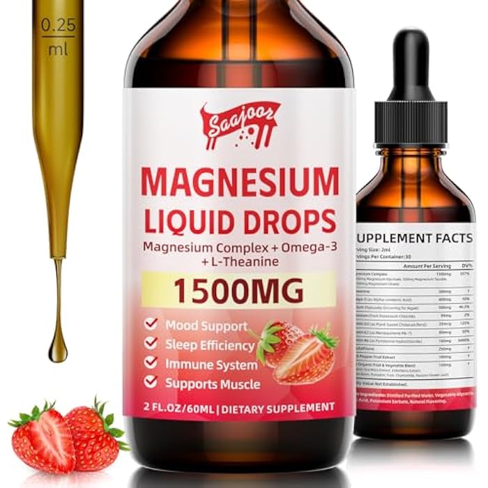 Saajoor Magnesium Glycinate Liquid Drops, 1500mg Magnesium Liquid Supplement with Vitamin B6, D3, L - Theanine, Omega3,Support Night, Muscle, Bone, Mood, Strawberry Flavor - 2 Fl Oz (60ml) Bottle - Image 1
