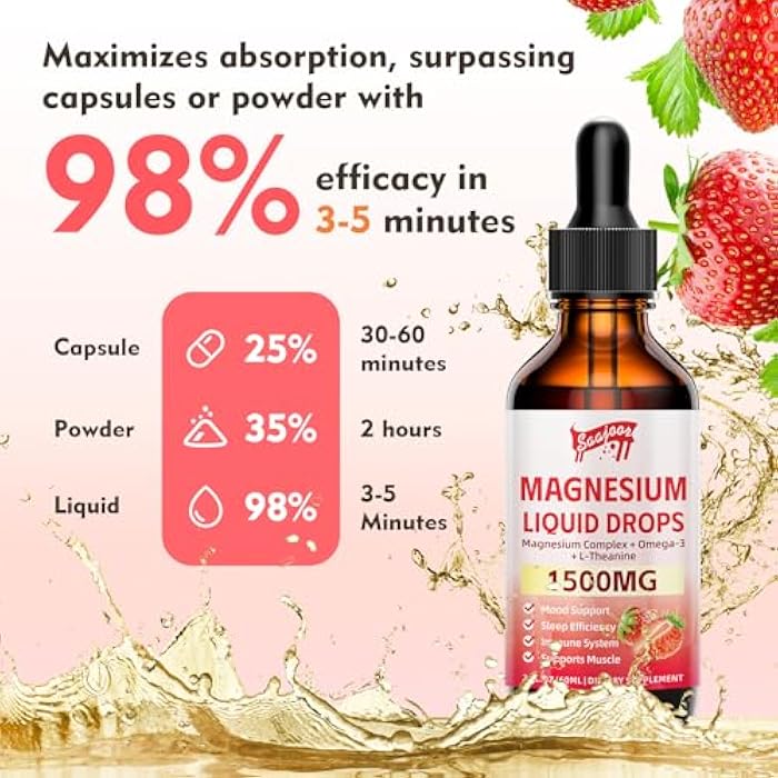 Saajoor Magnesium Glycinate Liquid Drops, 1500mg Magnesium Liquid Supplement with Vitamin B6, D3, L - Theanine, Omega3,Support Night, Muscle, Bone, Mood, Strawberry Flavor - 2 Fl Oz (60ml) Bottle - Image 5