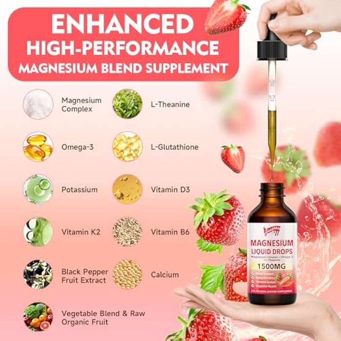 Saajoor Magnesium Glycinate Liquid Drops, 1500mg Magnesium Liquid Supplement with Vitamin B6, D3, L - Theanine, Omega3,Support Night, Muscle, Bone, Mood, Strawberry Flavor - 2 Fl Oz (60ml) Bottle - Image 3
