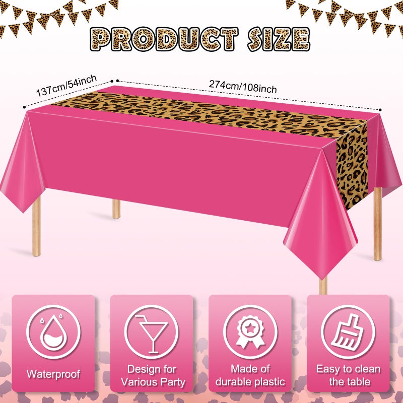 Jectivs 3 Pack Leopard Print Tablecloth Decorations, Safari Animal Cheetah Plastic Table Cloth Hot Pink Leopard Runner Disposable Rectangle Table Cover for Baby Shower Birthday Party Supplies, 54x108 Inch - Image 2