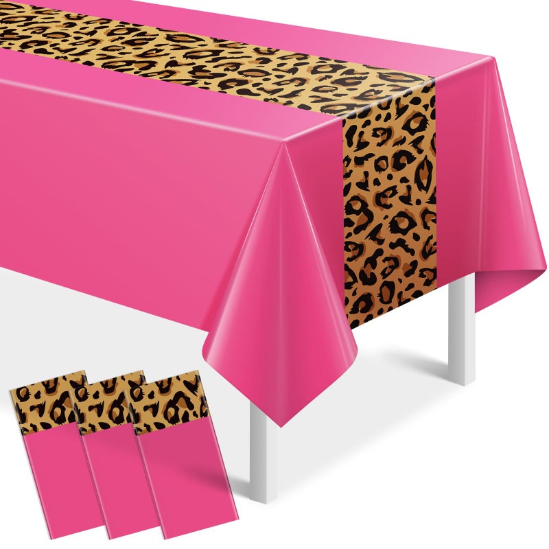 Jectivs 3 Pack Leopard Print Tablecloth Decorations, Safari Animal Cheetah Plastic Table Cloth Hot Pink Leopard Runner Disposable Rectangle Table Cover for Baby Shower Birthday Party Supplies, 54x108 Inch - Image 1