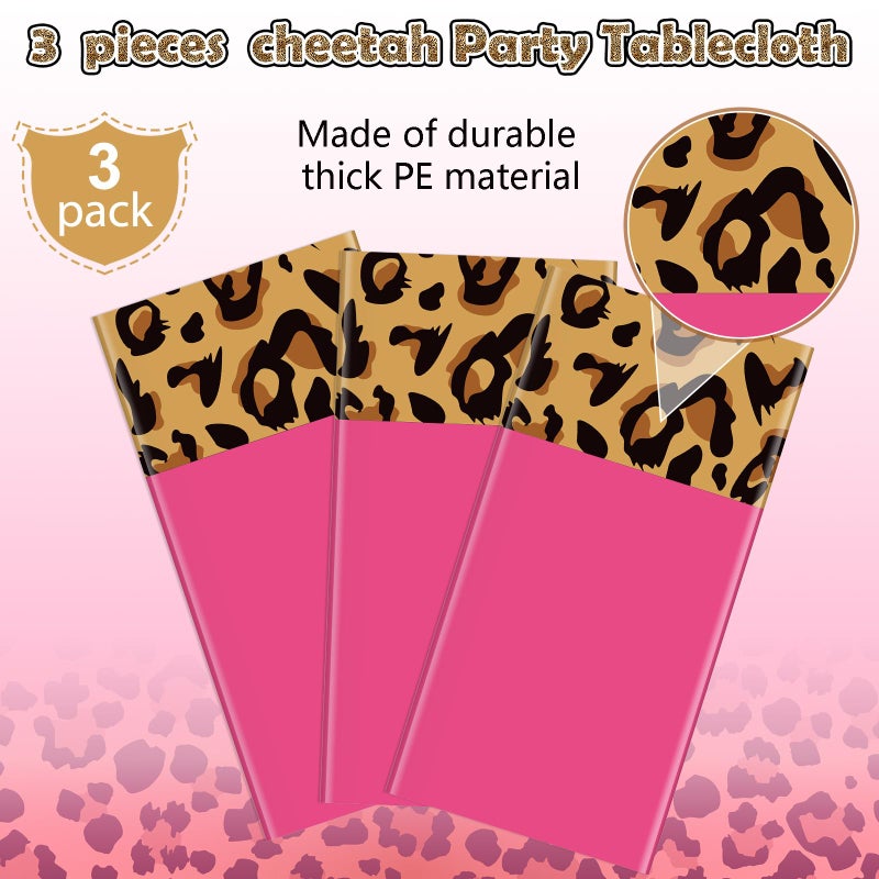 Jectivs 3 Pack Leopard Print Tablecloth Decorations, Safari Animal Cheetah Plastic Table Cloth Hot Pink Leopard Runner Disposable Rectangle Table Cover for Baby Shower Birthday Party Supplies, 54x108 Inch - Image 3