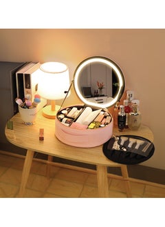 GREEN LION Makeup Organizer Pro with Lighted Mirror / 3-Mode Lights / 4K Mirror / 72 LED Beads / Adjustable Partition / Waterproof / Handle / Chic Design / PU Leather / Considerable Battery Capacity - Pink  - Image 2