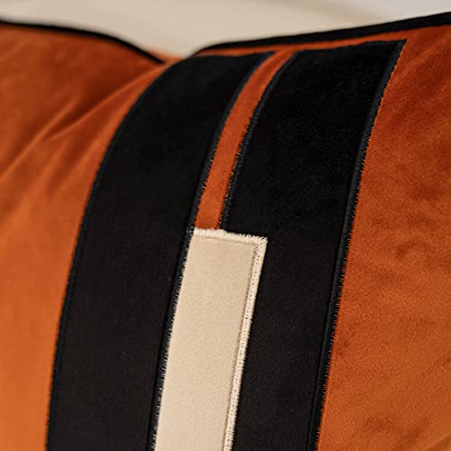 Yangest Burnt Orange Decorative Velvet Lumbar Throw Pillow Cover Striped Patchwork Cushion Case Modern 12x20 Inch Pillowcase for Sofa Couch Bedroom Living Room Home Decor - Image 3