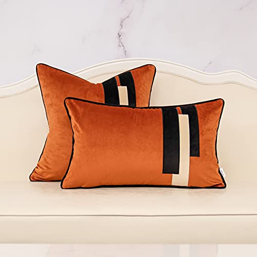Yangest Burnt Orange Decorative Velvet Lumbar Throw Pillow Cover Striped Patchwork Cushion Case Modern 12x20 Inch Pillowcase for Sofa Couch Bedroom Living Room Home Decor - Image 5
