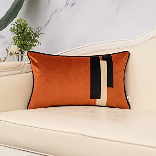 Yangest Burnt Orange Decorative Velvet Lumbar Throw Pillow Cover Striped Patchwork Cushion Case Modern 12x20 Inch Pillowcase for Sofa Couch Bedroom Living Room Home Decor - Image 1