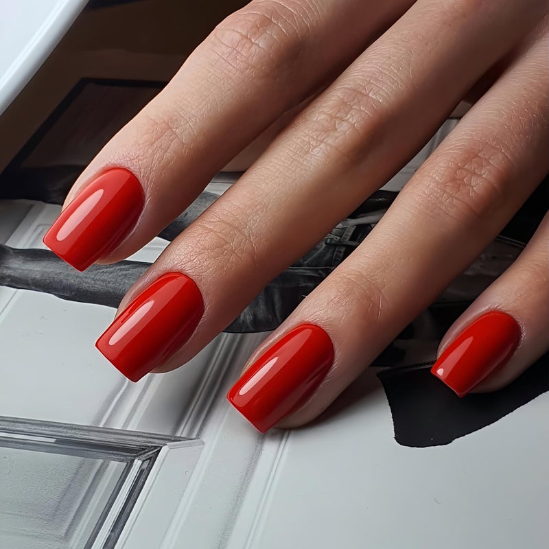 XCREANDO Red Nails Press ons, Press on Nails Medium Square Glue on Nails Short Acrylic Glue on Medium Coffin Nail Gel Fake Nail False for Women, Thick Solid Color 24Pcs - Image 3