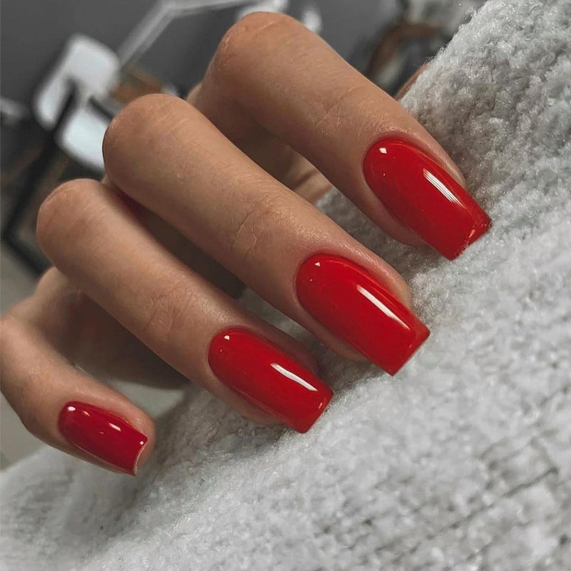 XCREANDO Red Nails Press ons, Press on Nails Medium Square Glue on Nails Short Acrylic Glue on Medium Coffin Nail Gel Fake Nail False for Women, Thick Solid Color 24Pcs - Image 1