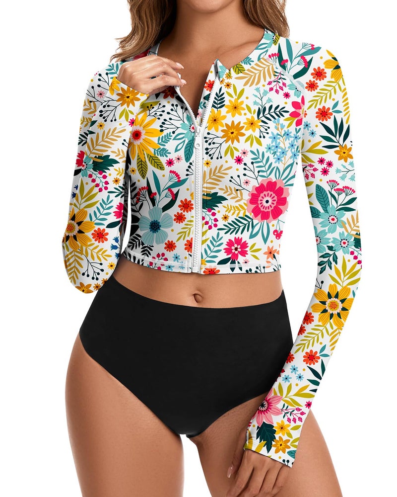 WOWENY Cropped Rash Guard Shirts for Women Long Sleeve with Thumb Holes UPF50+ Surfing Swimsuit Top No Bottom(Full Zip Up Flowers, M) - Image 1
