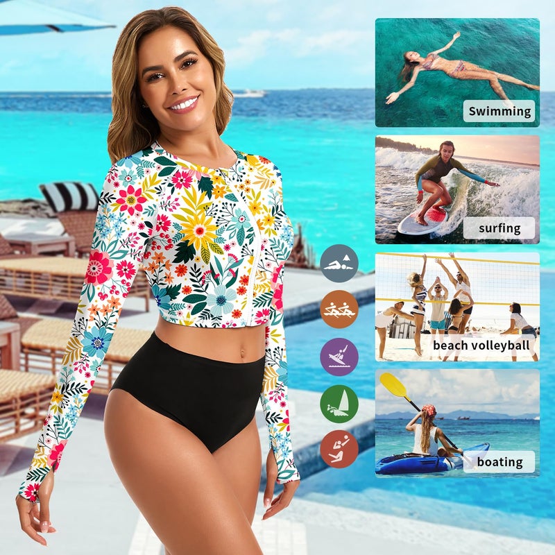 WOWENY Cropped Rash Guard Shirts for Women Long Sleeve with Thumb Holes UPF50+ Surfing Swimsuit Top No Bottom(Full Zip Up Flowers, M) - Image 5