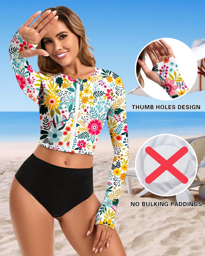 WOWENY Cropped Rash Guard Shirts for Women Long Sleeve with Thumb Holes UPF50+ Surfing Swimsuit Top No Bottom(Full Zip Up Flowers, M) - Image 4