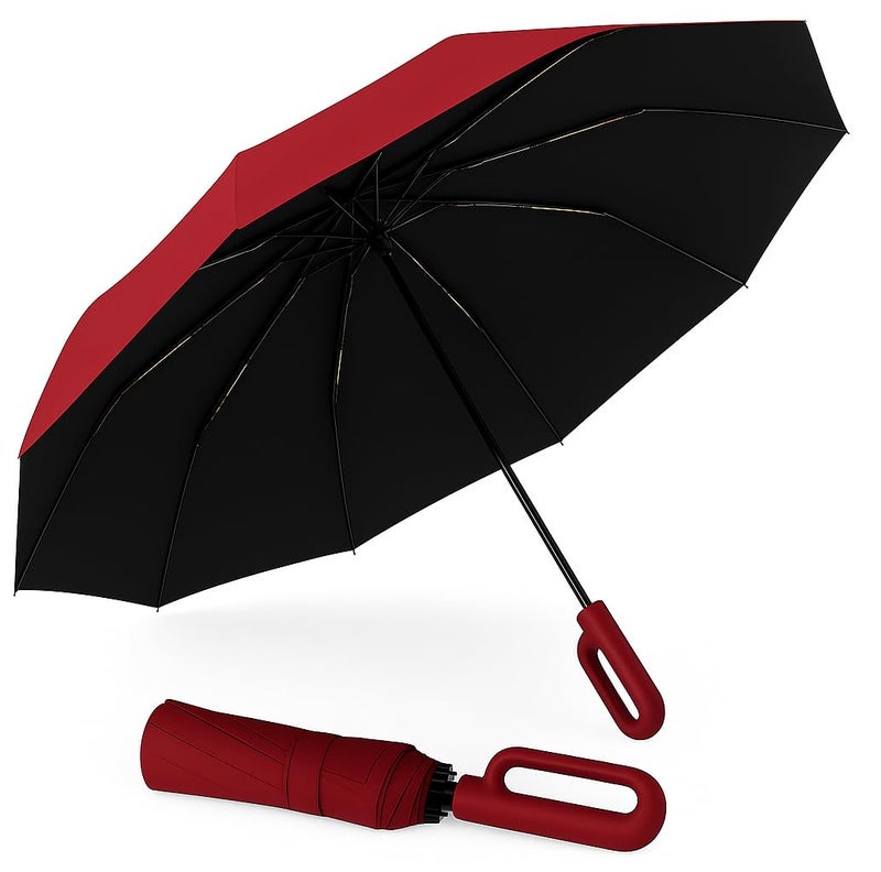 PRANIJ 3-Fold Compact Travel Golf Umbrella with Carabiner Handle | Auto Open-Close 10 Dual Rib Windproof Design | UV Protection Portable Umbrella for Rain/Sun for Car, Travel, Outdoor - Image 1