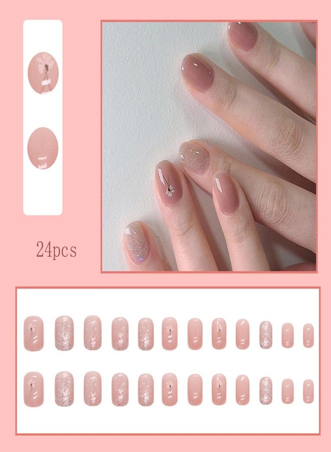 FFZDENA 2 Set Nail Press ons, Fake Nails, Short Square Press on Nails Girls Nude Fake Nails with Small Flowers Cute and Sweet Design, Artificial False Nails Press On Stick On Nails for Women - Image 2