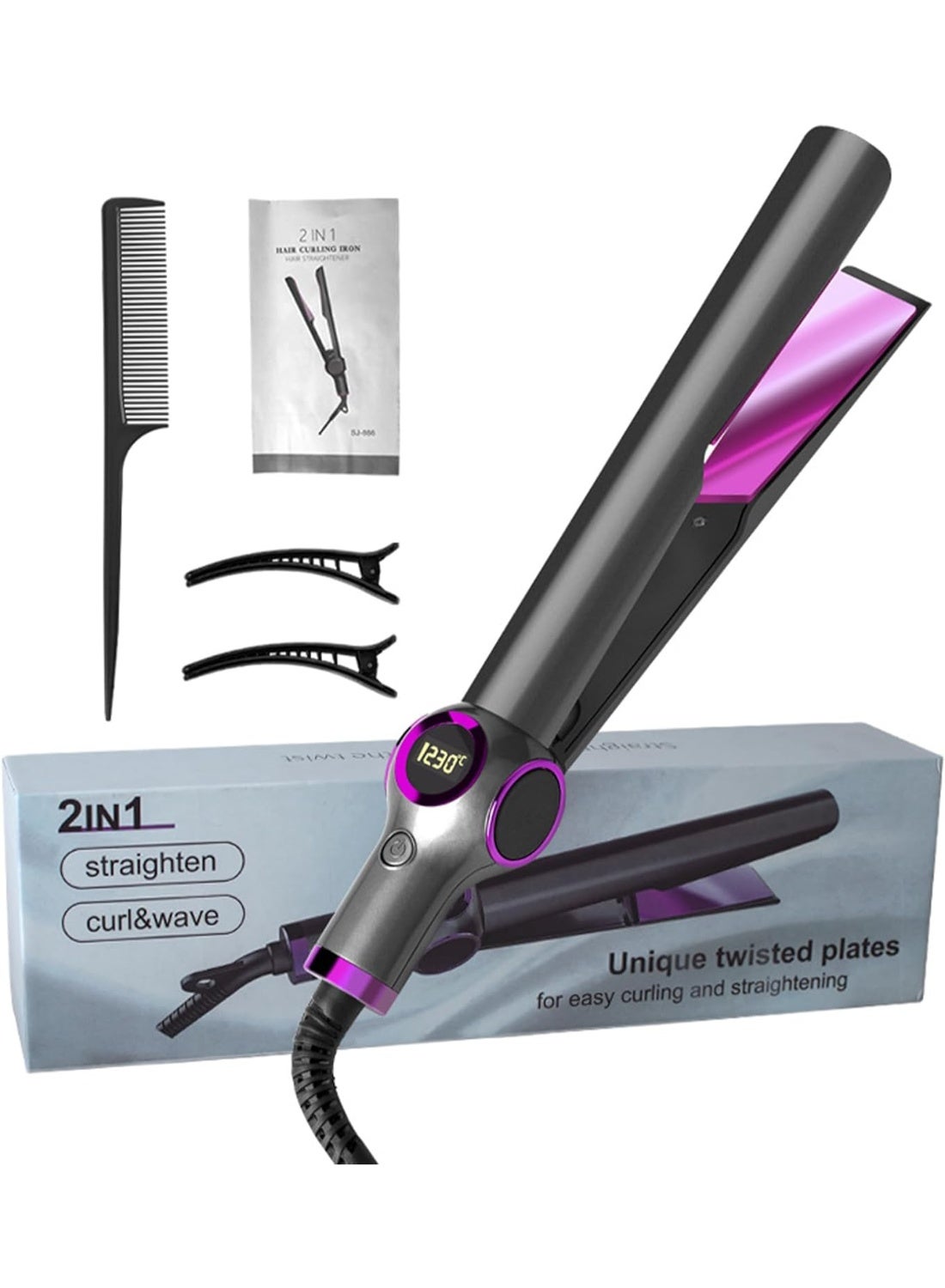 Curler and Straightener 2 in 1,Intelligent Constant Temperature, Ceramic Coating & 10s Fast Heat,Negative Ions,LED Display and 4 Adjustable Tempfor All Hair Types