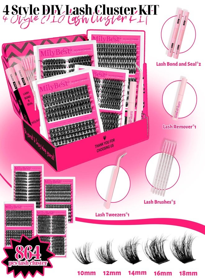 MilyBest 4 Styles Lash Clusters Kit 864Pcs Eyelash Clusters Lash Kit Volume Lashes Clusters D Curl DIY Individual False Eyelashes with 2 Bond&Seal Wispy Bulk Cluster Eyelash Extensions Kit De Pestañas - Image 2
